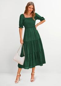 PRETTYGARDEN Women's Casual Midi Dresses Square Neck Short Sleeve Smocked A Line Floral Flowy Elegant Boho Dress