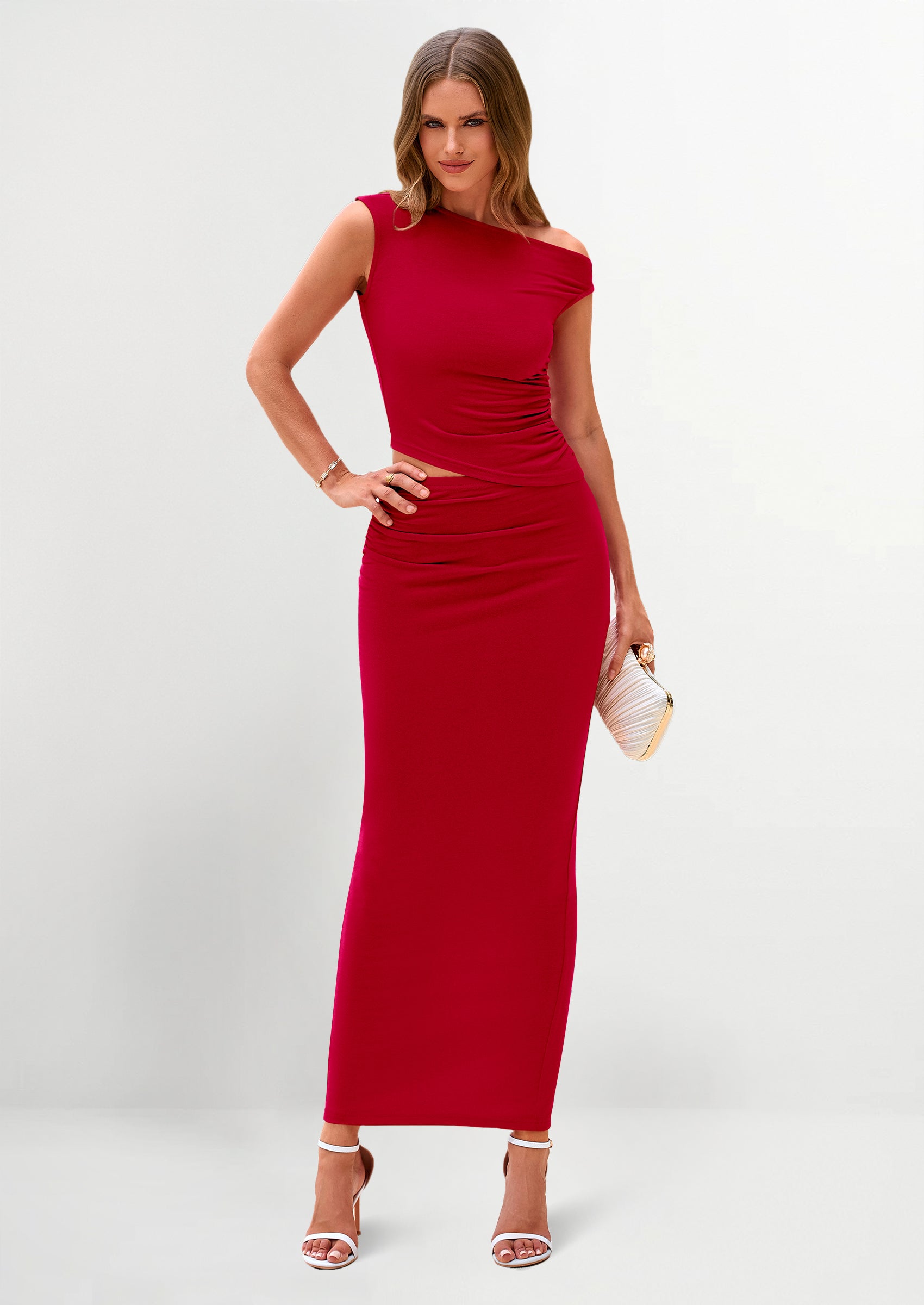 PRETTYGARDEN Maxi Skirt Sets Women 2 Piece Outfits Summer Spring One Shoulder Sleeveless Ruched Bodycon Long Skirts