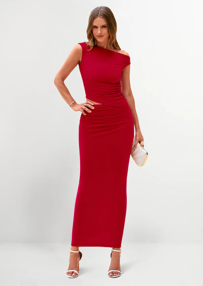 PRETTYGARDEN Maxi Skirt Sets Women 2 Piece Outfits Summer Spring One Shoulder Sleeveless Ruched Bodycon Long Skirts