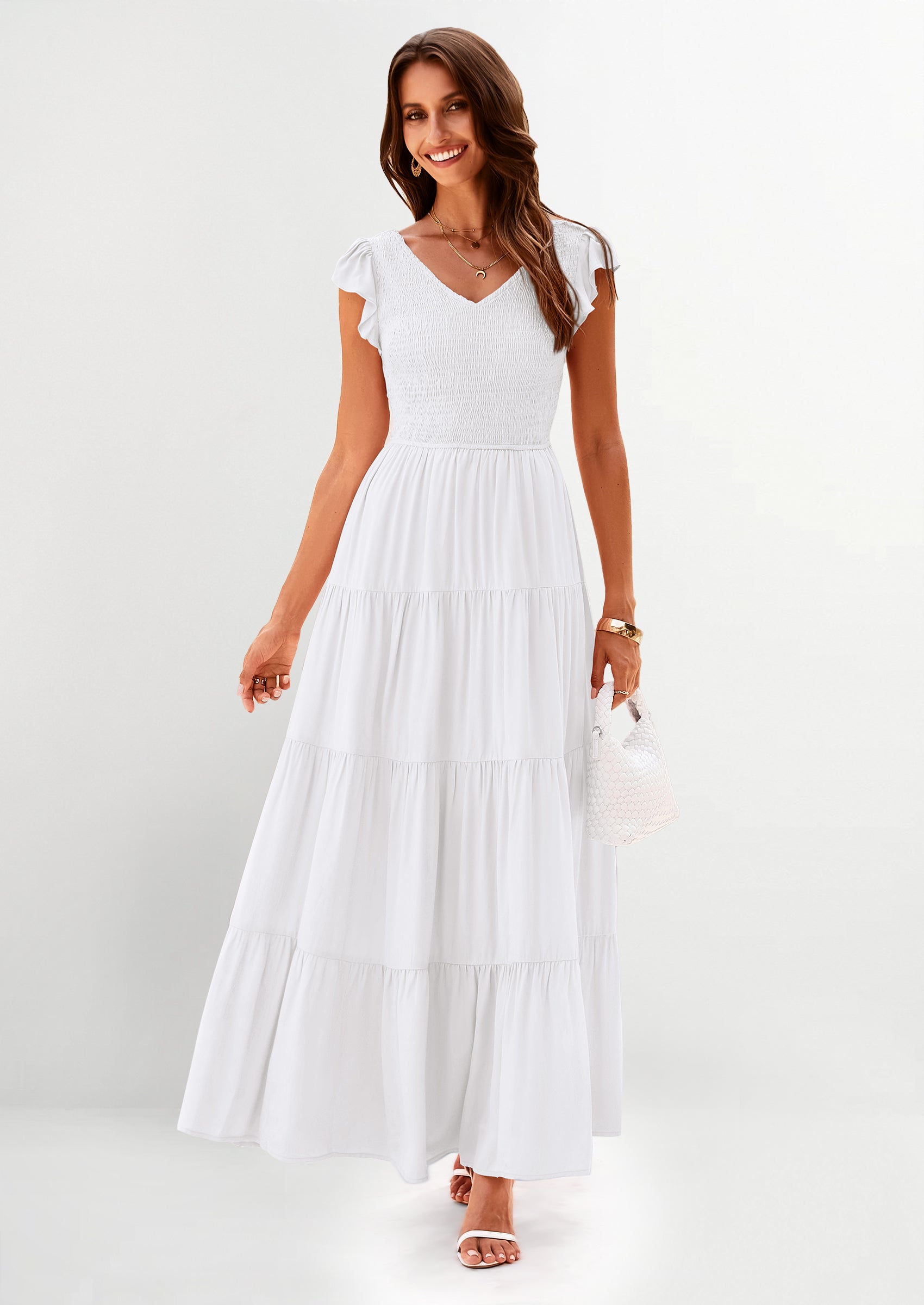 PRETTYGARDEN Women's Flowy Maxi Dress Casual Cap Sleeve V Neck Smocked Beach Sundress