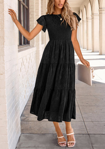 PRETTYGARDEN Midi Dress for Women Summer Floral Cap Sleeve Smocked Ruffle A Line Long Flowy Wedding Guest Dresses