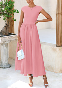 PRETTYGARDEN Women's Casual Long Dresses Cap Sleeve Patchwork A Line Flowy Modest Elegant Homecoming Maxi Dress