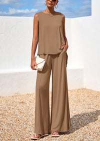 PRETTYGARDEN Women's Two Piece Matching Lounge Sets Asymmetrical Split Tank Tops Wide Leg Pants Summer Outfits Tracksuit