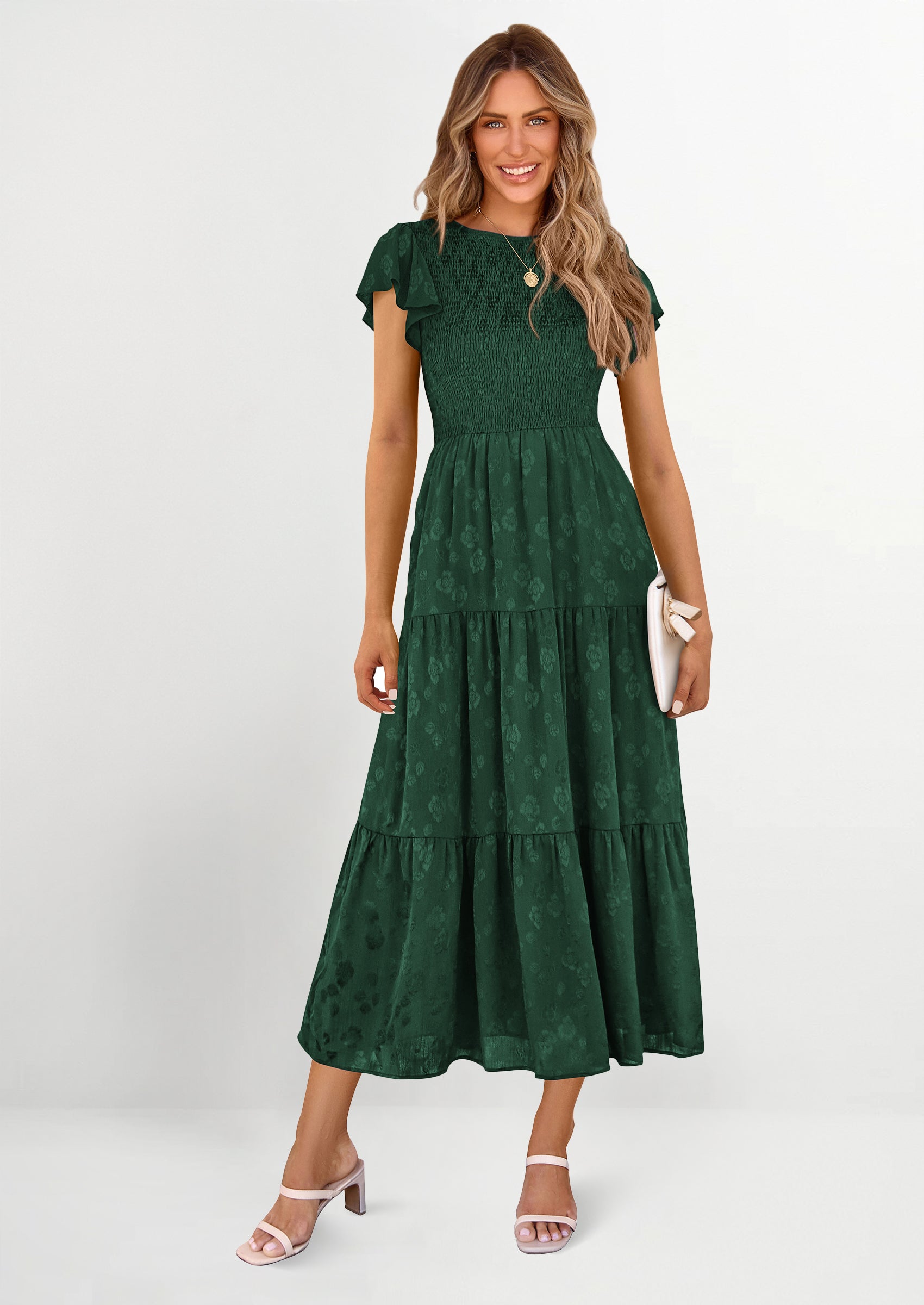 PRETTYGARDEN Midi Dress for Women Summer Floral Cap Sleeve Smocked Ruffle A Line Long Flowy Wedding Guest Dresses