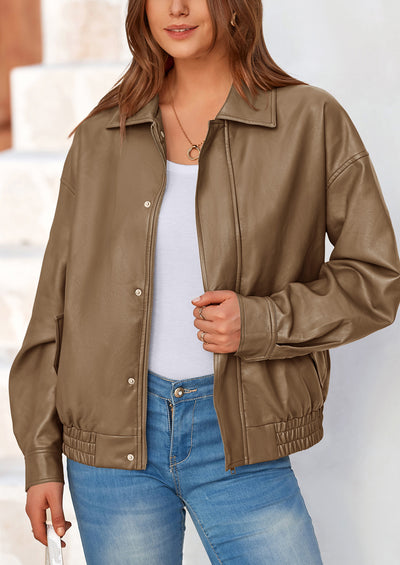 PRETTYGARDEN Women's Faux Leather Motorcycle Jacket Trendy Fall Spring Clothes Oversized Zip Up Winter Coat Outerwear