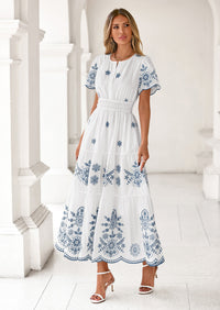 PRETTYGARDEN Boho Dresses for Women Summer Spring Casual Floral Short Sleeve V Neck Maxi Elastic Waist Dress Pockets PRETTYGARDEN