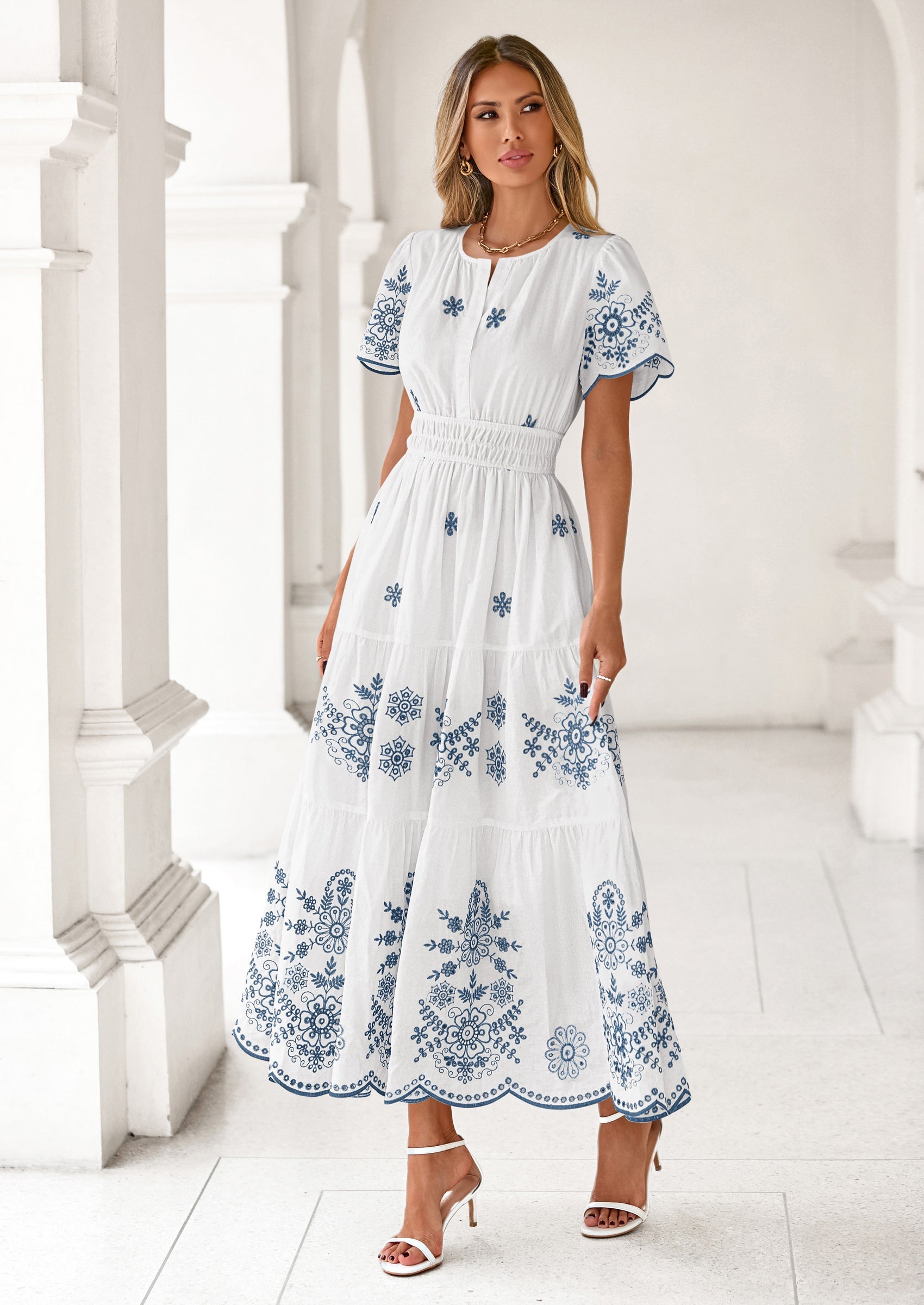 PRETTYGARDEN Boho Dresses for Women Summer Spring Casual Floral Short Sleeve V Neck Maxi Elastic Waist Dress Pockets PRETTYGARDEN