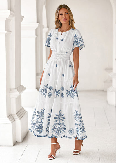 PRETTYGARDEN Boho Dresses for Women Summer Spring Casual Floral Short Sleeve V Neck Maxi Elastic Waist Dress Pockets PRETTYGARDEN