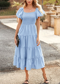 PRETTYGARDEN Women's Summer Casual Midi Dress Puffy Short Sleeve Square Neck Smocked Tiered Ruffle Dresses
