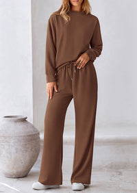 PRETTYGARDEN 2 Piece Long Sleeve Pullover Tops and Wide Leg Pants Knitted Lounge Sets PRETTYGARDEN