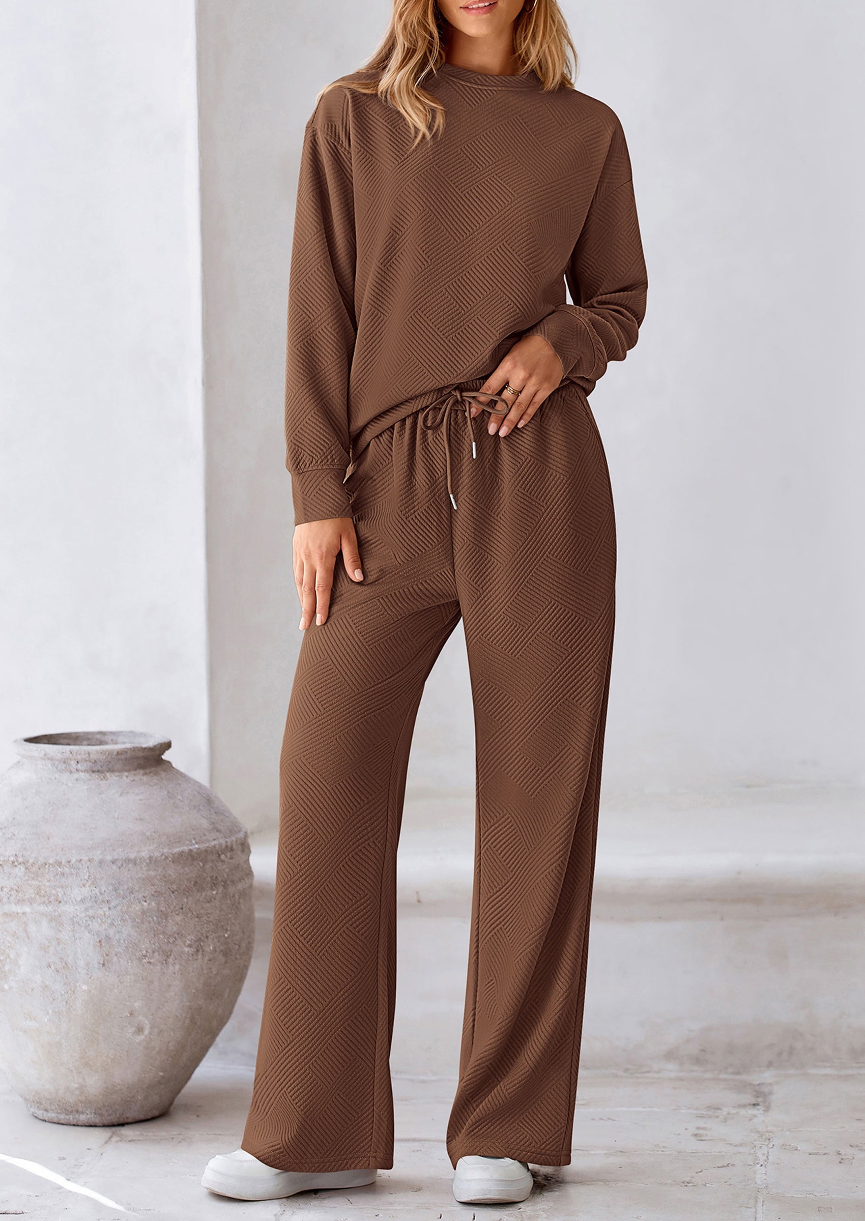 PRETTYGARDEN 2 Piece Long Sleeve Pullover Tops and Wide Leg Pants Knitted Lounge Sets PRETTYGARDEN