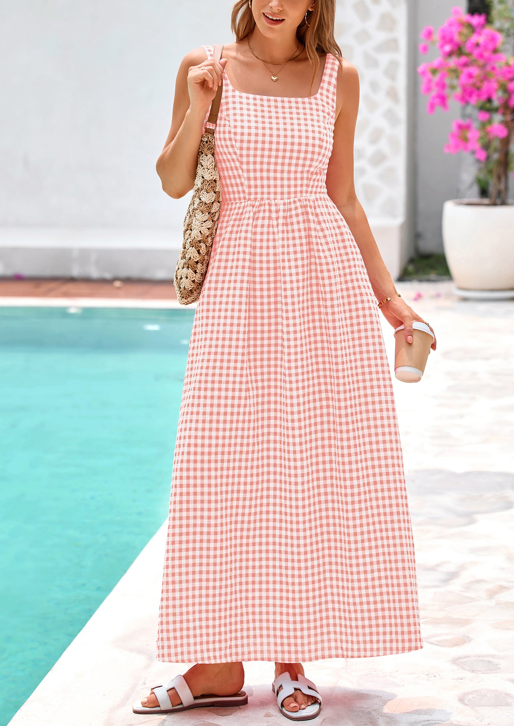 PRETTYGARDEN Women's Summer Spaghetti Strap Maxi Dresses Plaid Square Neck A Line Casual Beach Vacation Long Sundress