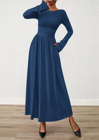 BTFBM Long Sleeve Maxi Dresses for Women Fall Casual Ruched Boat Neck Flowy Elegant Formal Wedding Guest Dress