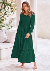 PRETTYGARDEN Fall Wedding Guest Dresses for Women Long Sleeve Square Neck Tiered A Line Modest Elegant Flowy Dresses