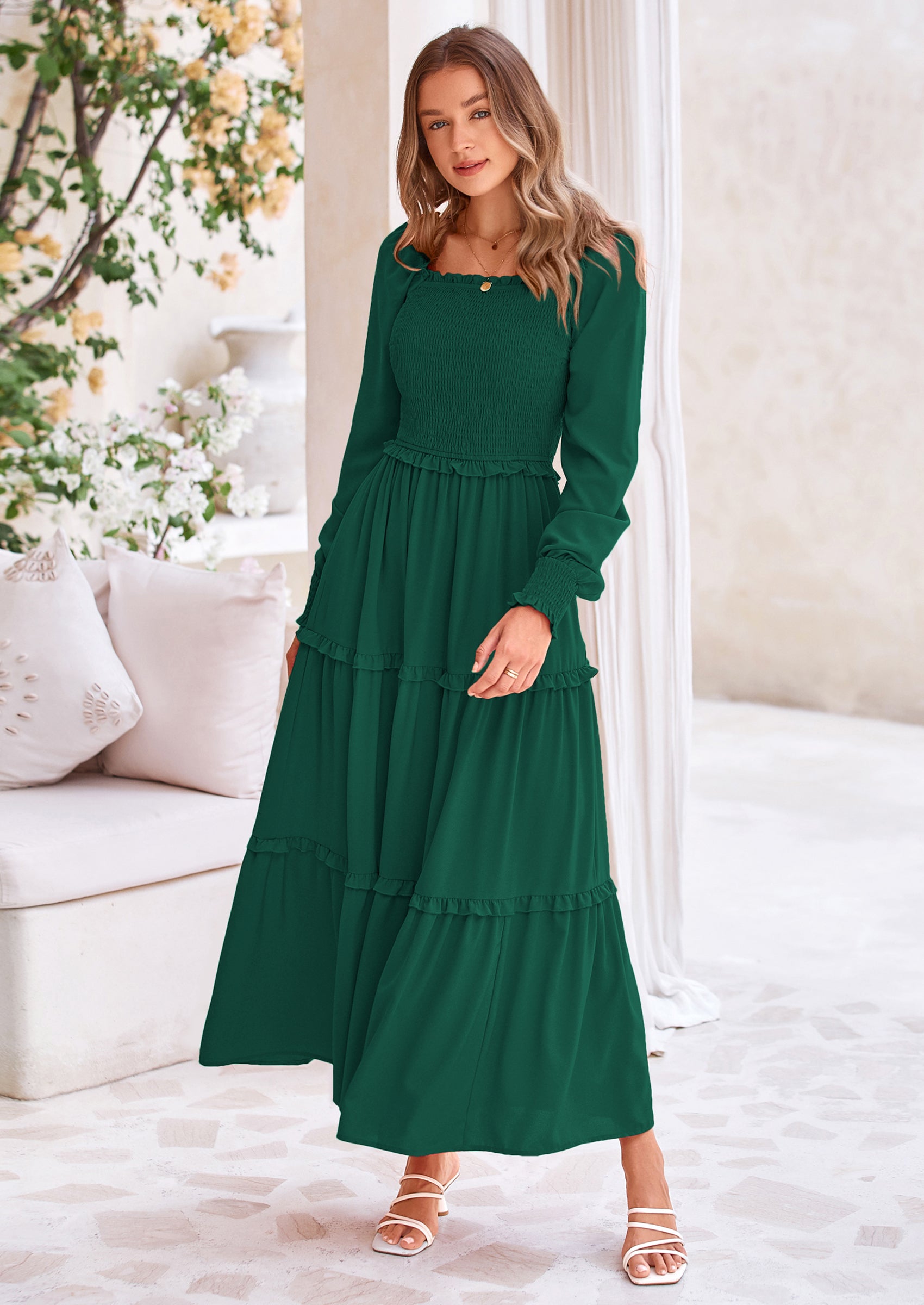 PRETTYGARDEN Fall Wedding Guest Dresses for Women Long Sleeve Square Neck Tiered A Line Modest Elegant Flowy Dresses