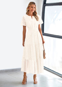 PRETTYGARDEN Womens Maxi Dress Short Sleeve V Neck Hollow Out Eyelet A Line Long Flowy Beach Vacation Dresses