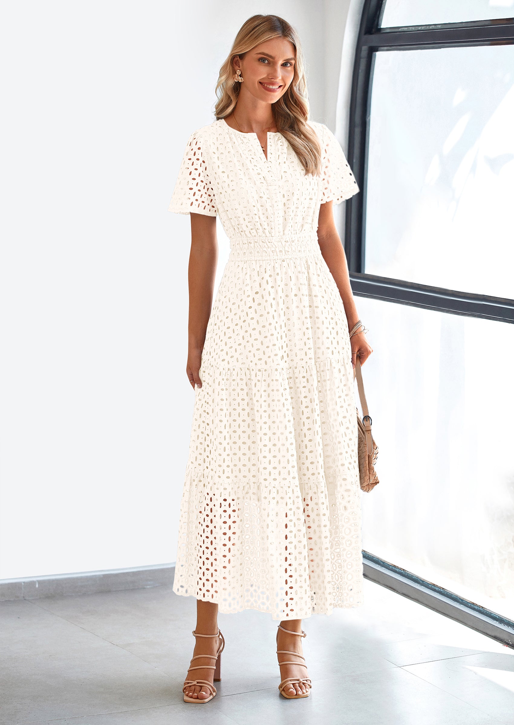 PRETTYGARDEN Womens Maxi Dress Short Sleeve V Neck Hollow Out Eyelet A Line Long Flowy Beach Vacation Dresses