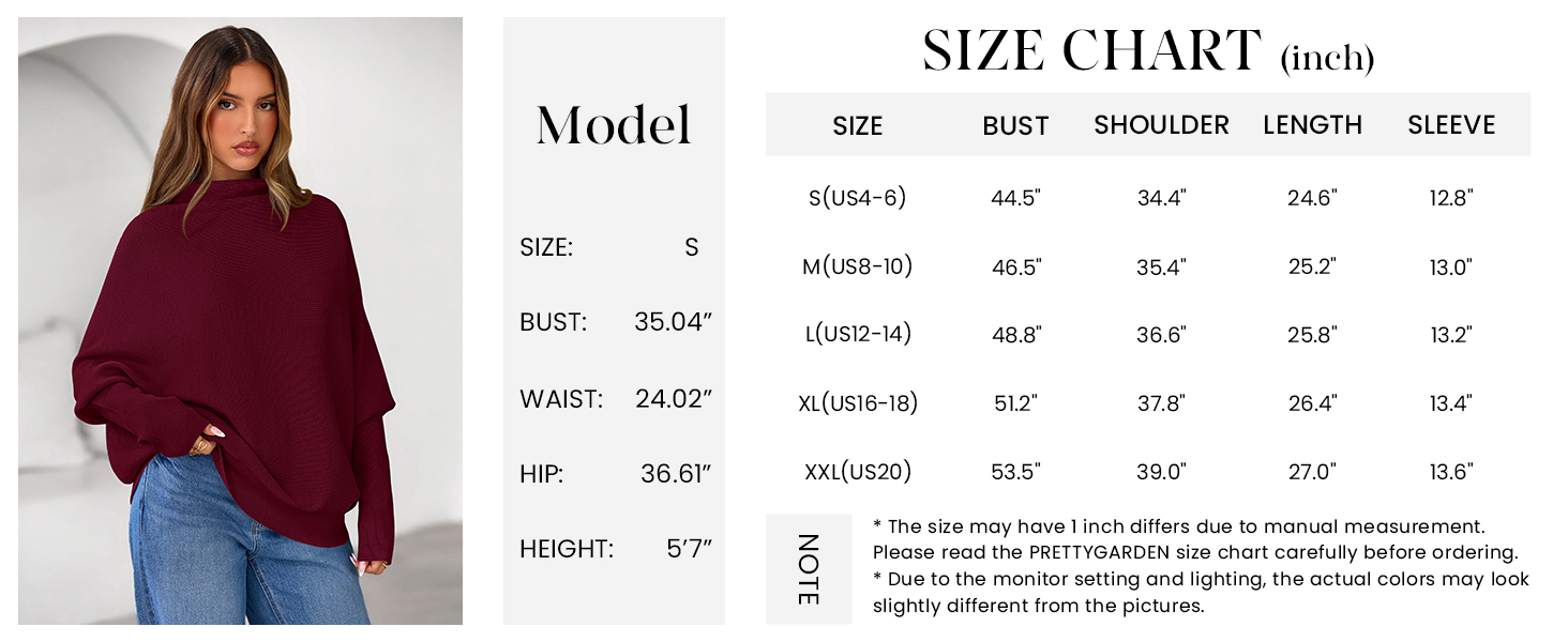 PRETTYGARDEN Womens Sweaters Fall Fashion Casual Loose Turtleneck Batwing Long Sleeve Knit Sweater Pullover Tops