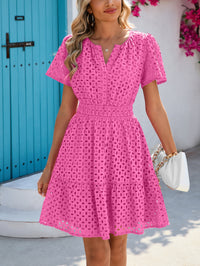 PRETTYGARDEN Women Summer Short Dress V Neck Short Sleeve A Line Hollow Out Lace Ruffle Cute Casual Beach Party Dresses