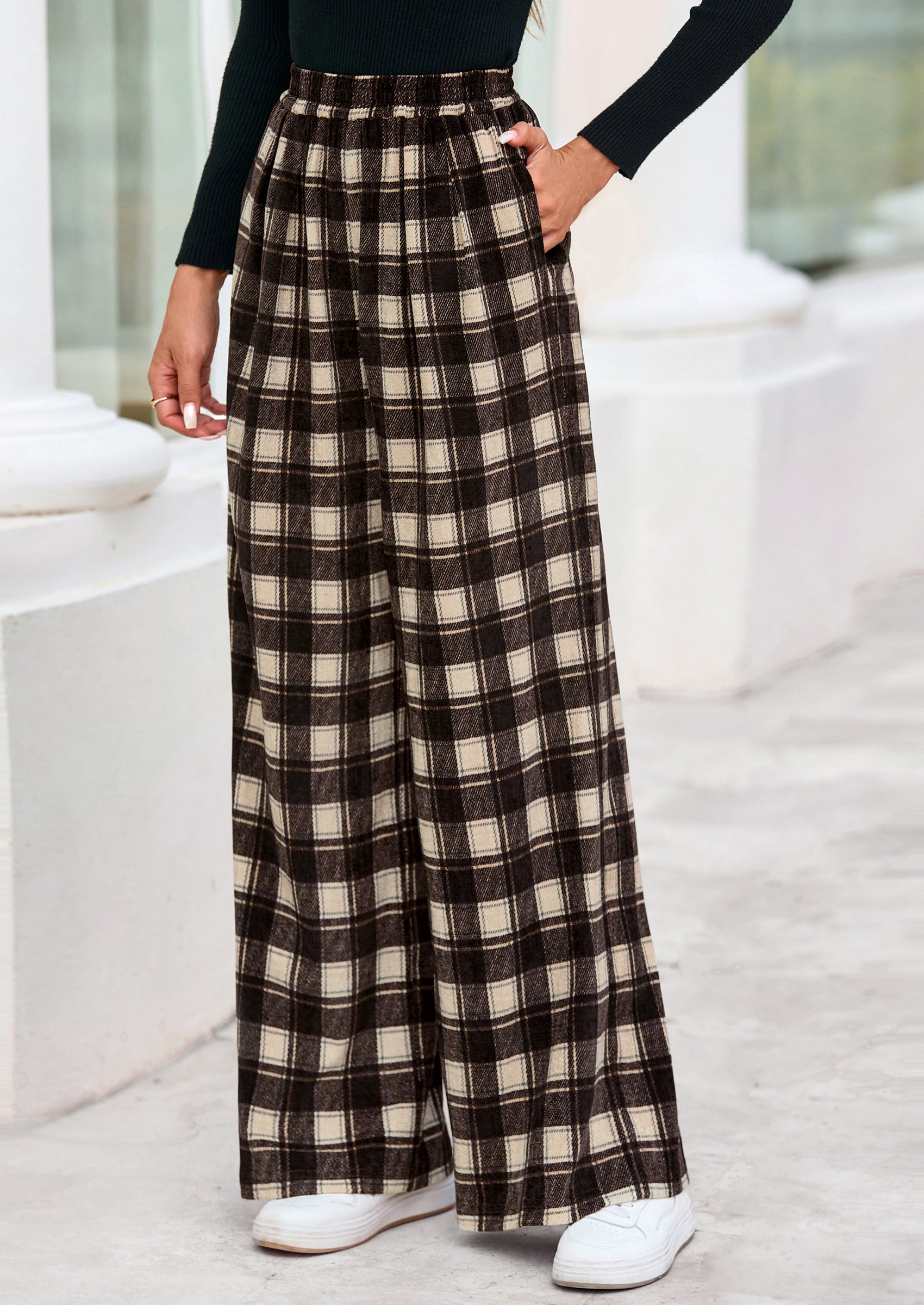 PRETTYGARDEN Casual Women's Pants Elastic Waist Palazzo Long Stretchy Wide Leg Trousers Knit Fall Outfits with Pockets