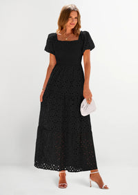 PRETTYGARDEN Dresses for Women Eyelet Square Neck Puff Sleeve Smocked Wedding Guest Maxi Dress with Pockets