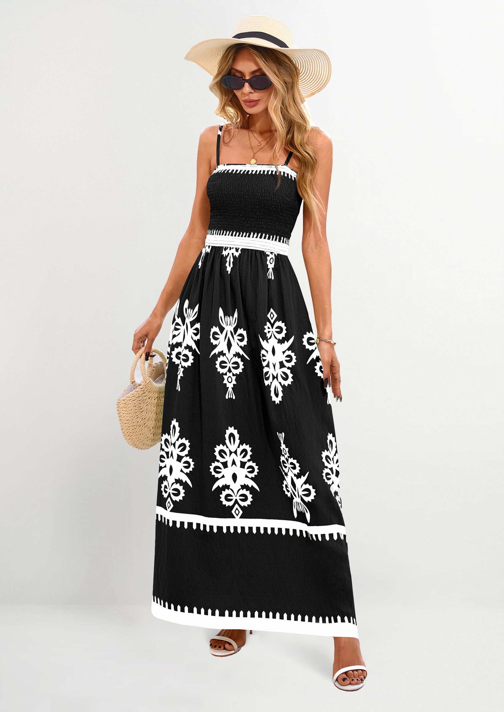 PRETTYGARDEN Summer Dress for Women Floral Sundress Spaghetti Strap Flowy Beach Vacation Boho Maxi Dresses