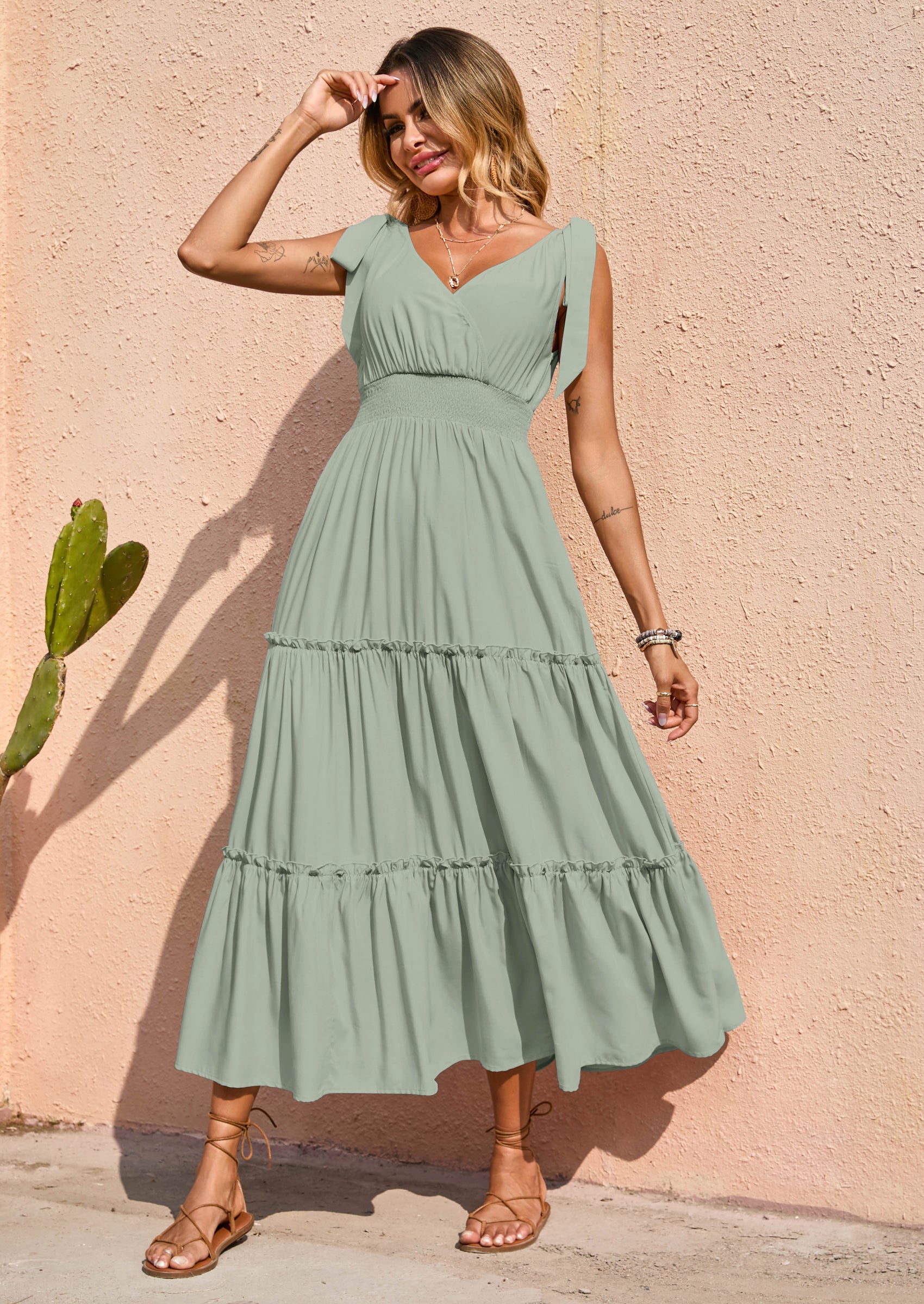 PRETTYGARDEN Women's Cross Neck Spring Sleeveless Tiered Maxi Dress Beach Tie Strap Smocked Long Dresses Pleated Sundress