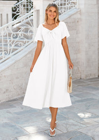 PRETTYGARDEN Summer Dress for Women Casual Short Sleeve Bow Tie V Neck Ruffle Midi Flowy Dresses