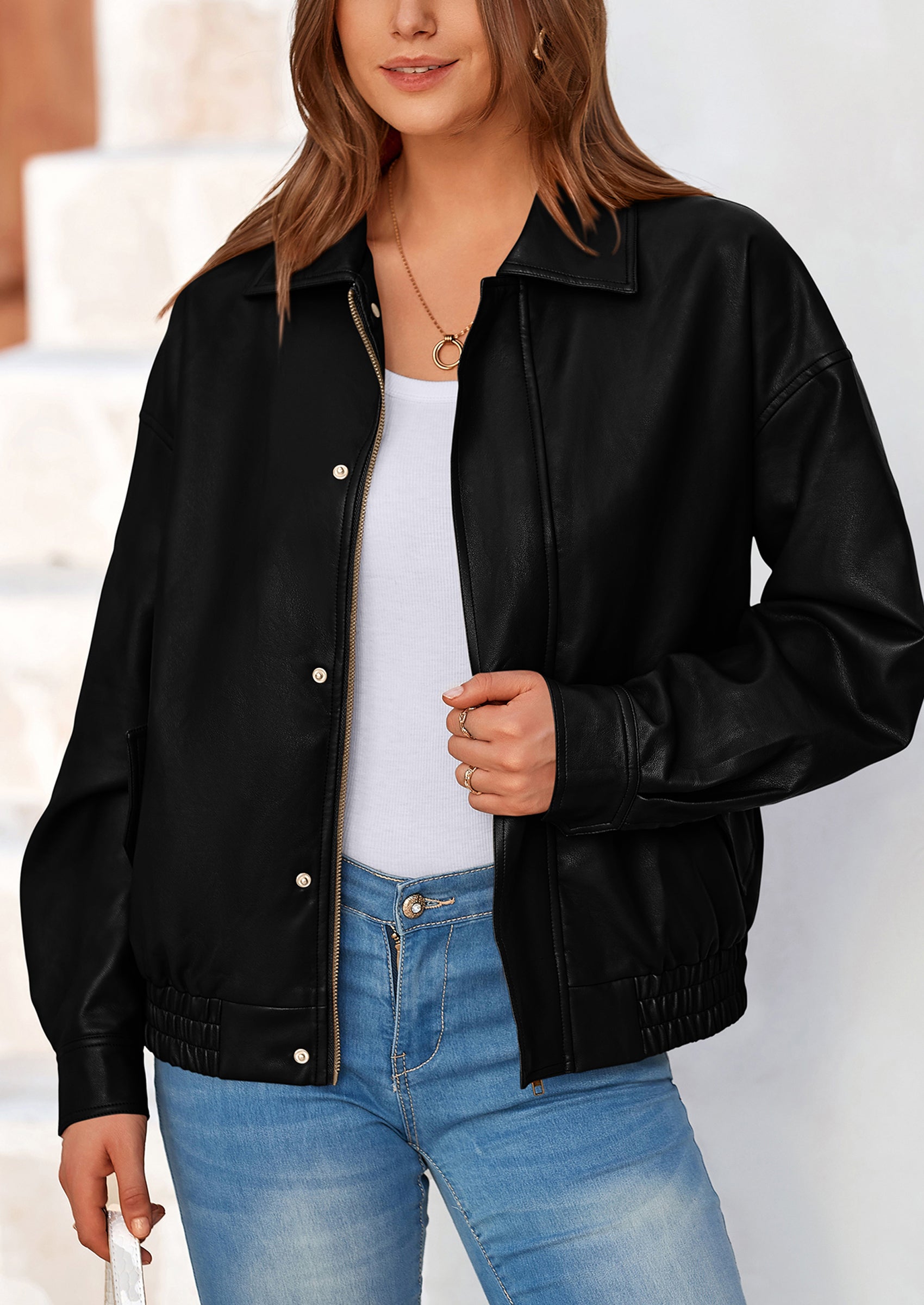 PRETTYGARDEN Women's Faux Leather Motorcycle Jacket Trendy Fall Spring Clothes Oversized Zip Up Winter Coat Outerwear