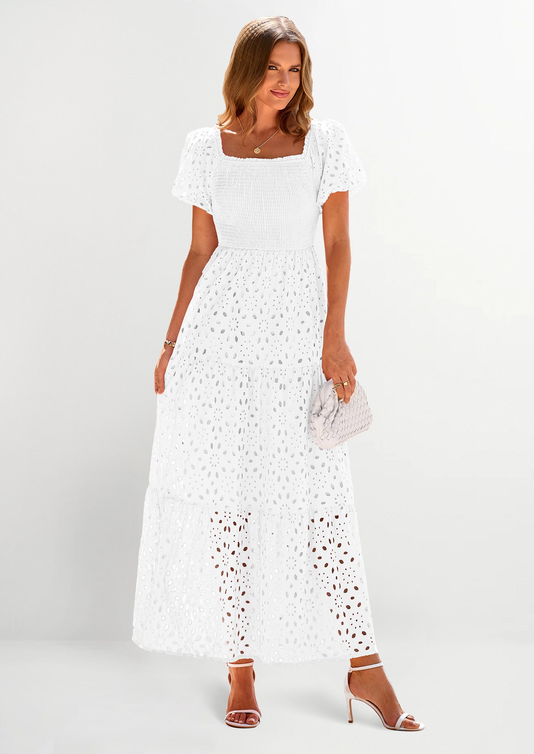 PRETTYGARDEN Dresses for Women Eyelet Square Neck Puff Sleeve Smocked Wedding Guest Maxi Dress with Pockets