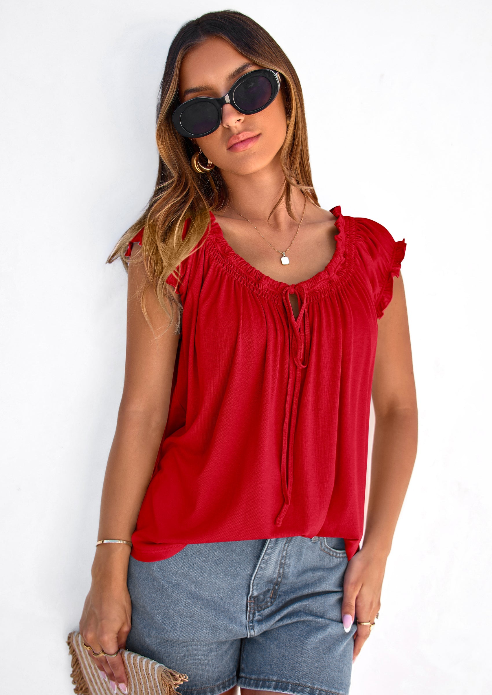 PRETTYGARDEN Womens Tie Front Tank Tops Summer Fashion Cap Sleeve Babydoll Blouses Flowy Shirts Spring Going Out Outfits PRETTYGARDEN