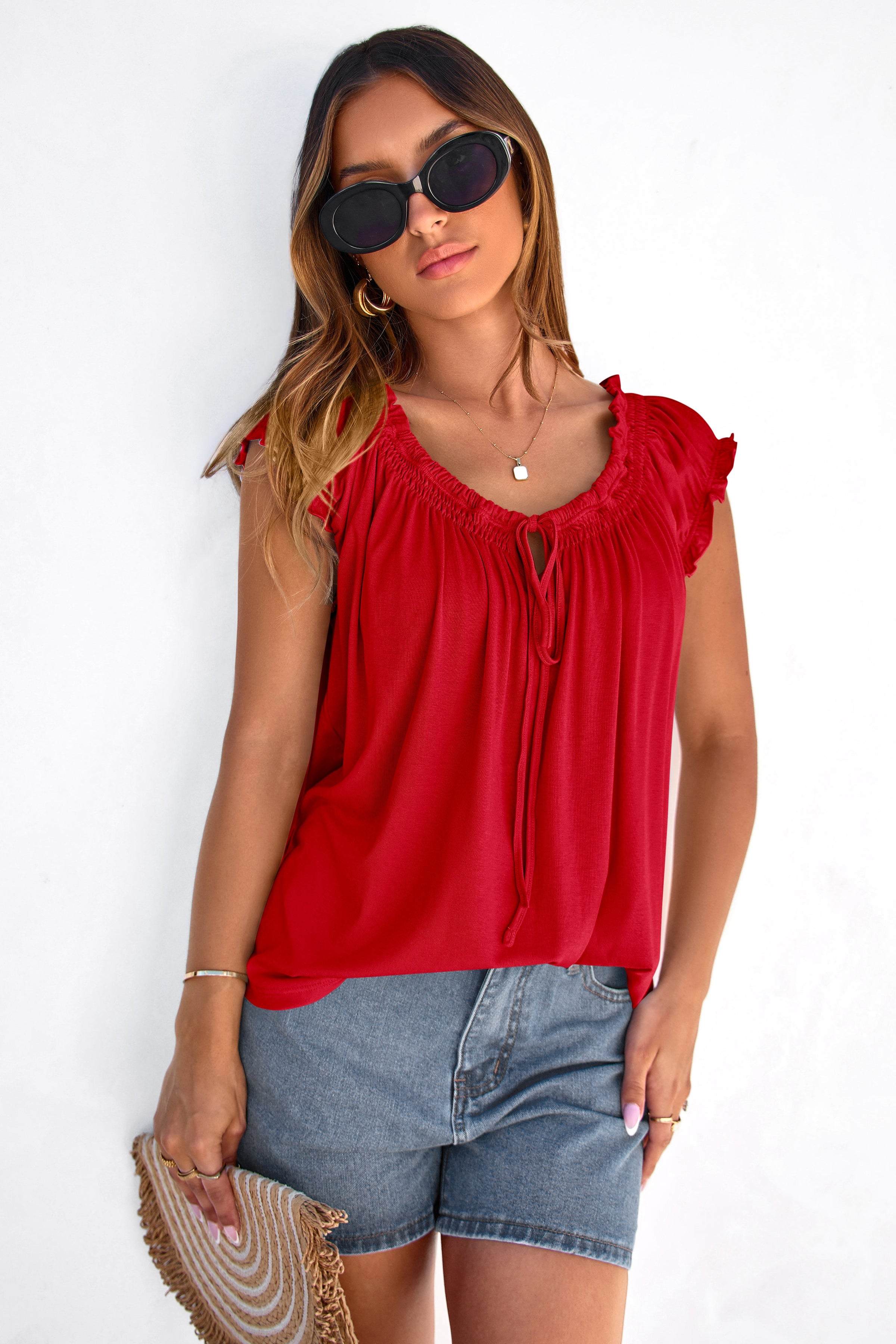 PRETTYGARDEN Womens Tie Front Tank Tops Summer Fashion Cap Sleeve Babydoll Blouses Flowy Shirts Spring Going Out Outfits PRETTYGARDEN