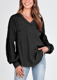 BTFBM Women's Ribbed Long Sleeve Tops Summer Spring Pullover Knit Casual V Neck Blouses Trendy Loose Fit Tunic Top