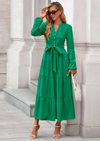 PRETTYGARDEN Fall Dresses for Women Long Sleeve V Neck Belted Ruffle A Line Flowy Boho Maxi Wedding Guest Dress Pockets