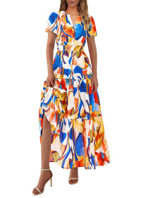 Summer Boho Floral Short Sleeve V Neck A Line Tiered Ruffle Flowy Long Beach Vacation Maxi Dresses