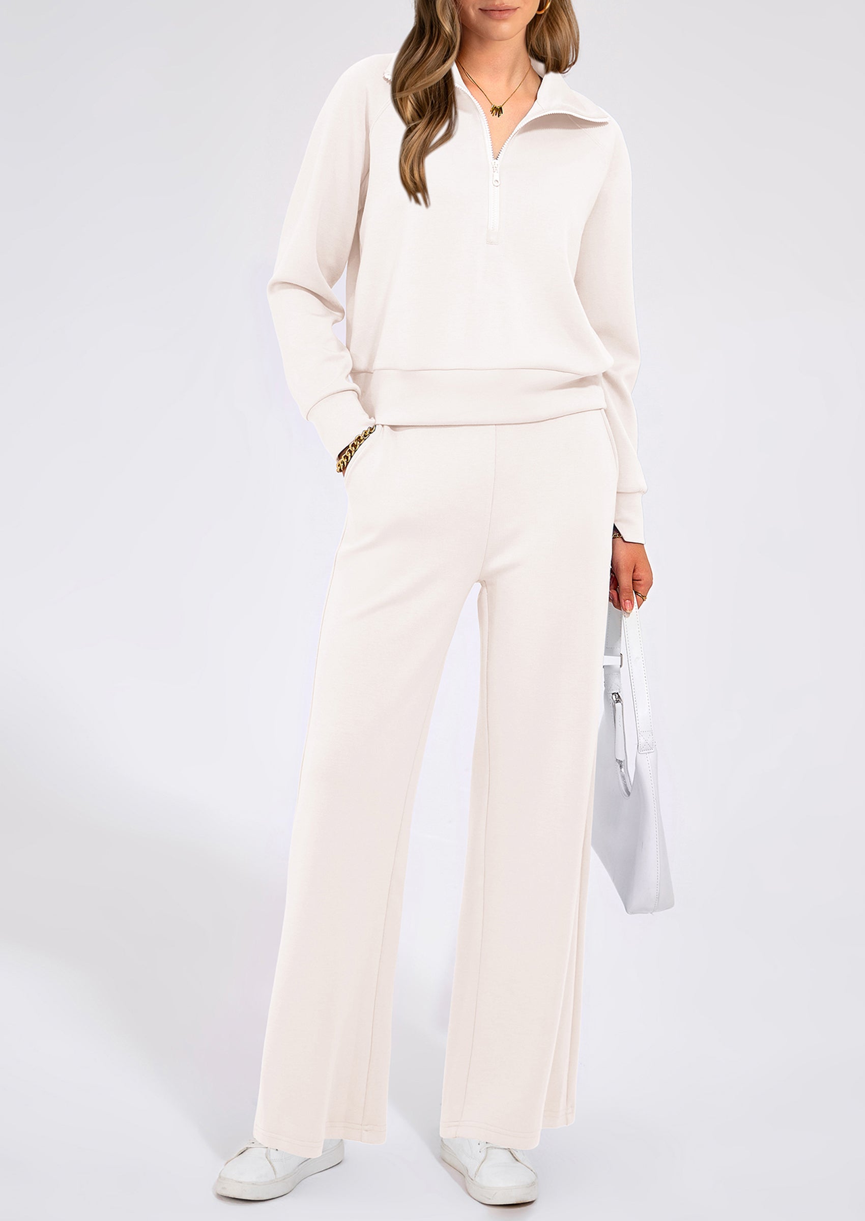 PRETTYGARDEN Women's 2 Piece Outfits Casual Lapel Half Zip Sweatshirts And Wide Leg Pants Tracksuit Sets