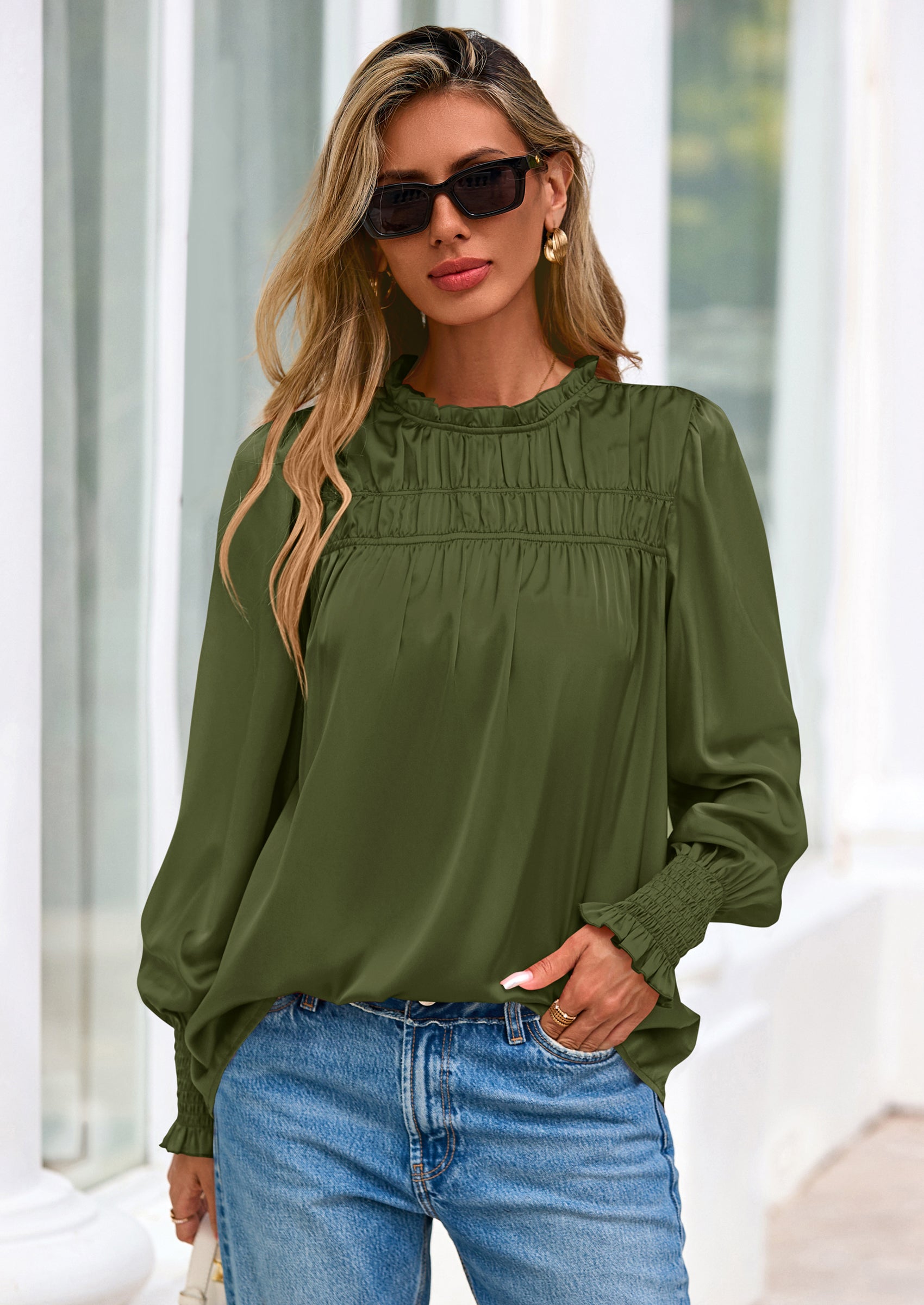 PRETTYGARDEN Blouses for Women Dressy Casual Fall Outfits Frill Neck Long Sleeve Shirts Satin Work Business Casual Tops