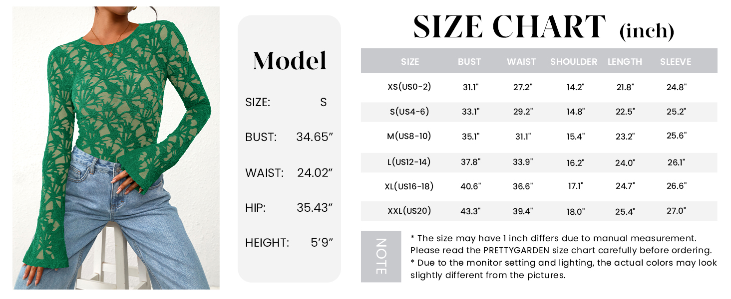 PRETTYGARDEN Womens Lace Long Bell Sleeve Tops Fall Sexy See Through Sheer Floral Blouse Shirt Fitted Going Out Outfits