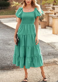 PRETTYGARDEN Women's Summer Casual Midi Dress Puffy Short Sleeve Square Neck Smocked Tiered Ruffle Dresses