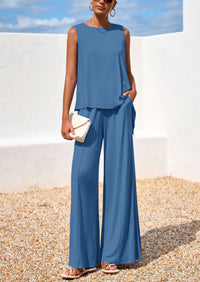 PRETTYGARDEN Women's Two Piece Matching Lounge Sets Asymmetrical Split Tank Tops Wide Leg Pants Summer Outfits Tracksuit