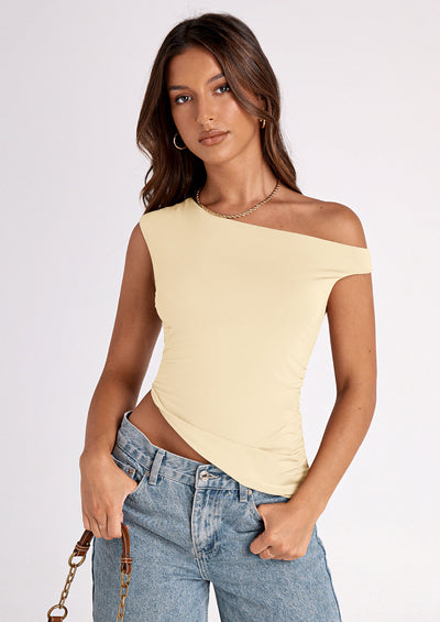 PRETTYGARDEN Womens Off The Shoulder Tops Summer Sleeveless One Shoulder Ruched Asymmetrical Y2K Going Out Crop Tank Top