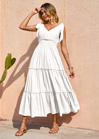 PRETTYGARDEN Women's Cross Neck Spring Sleeveless Tiered Maxi Dress Beach Tie Strap Smocked Long Dresses Pleated Sundress