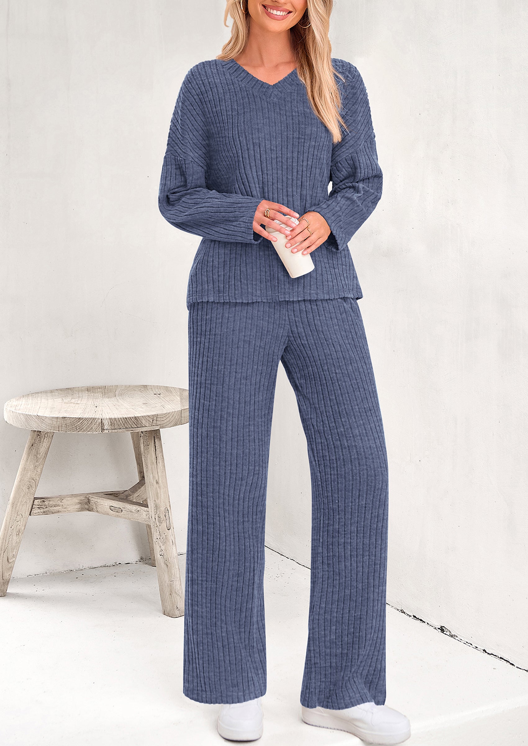 PRETTYGARDEN Women's 2 Piece Lounge Sets Ribbed Knit Long Sleeve V Neck Pullover Tops Wide Leg Pants Spring Fall Outfits