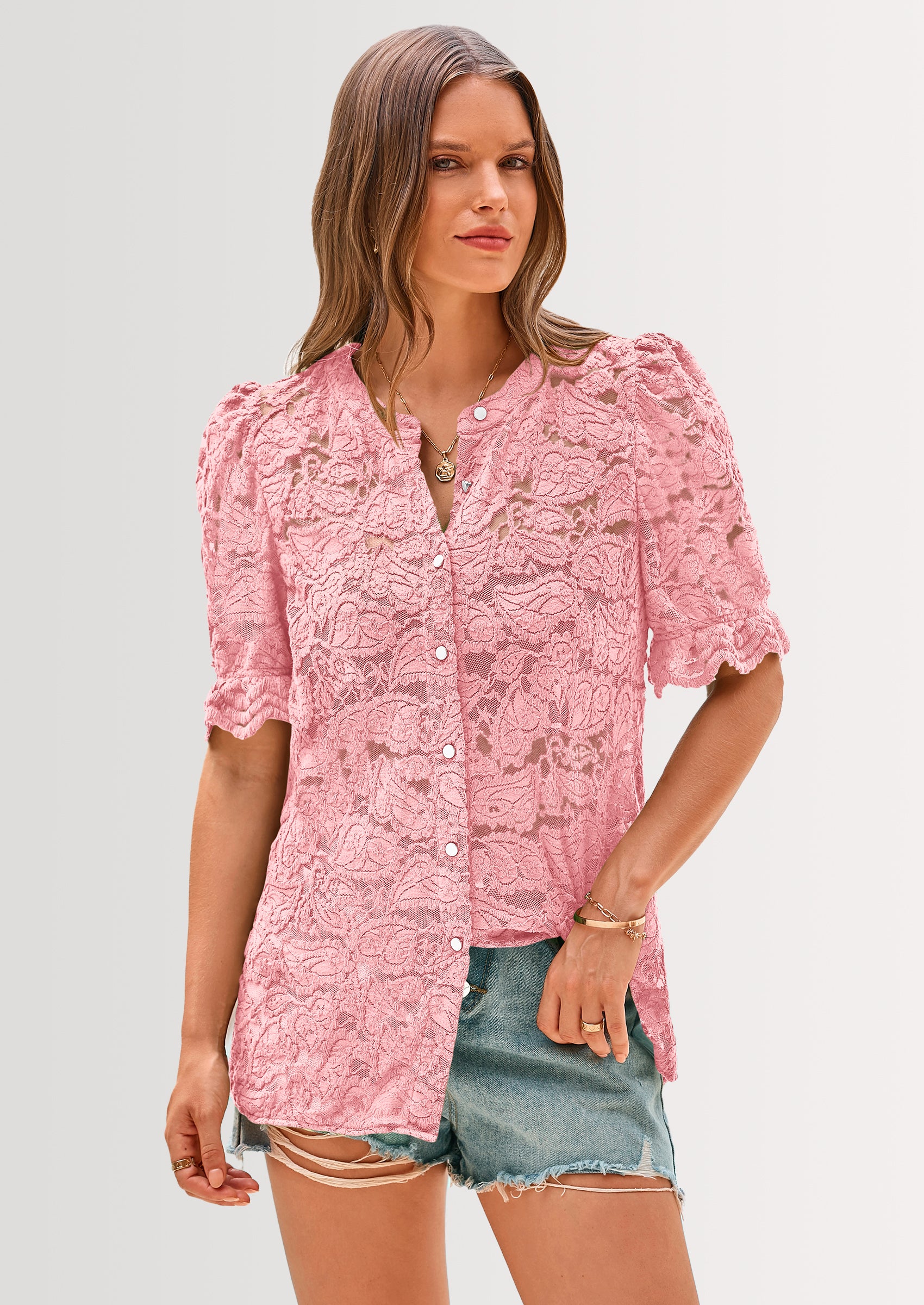 PRETTYGARDEN Womens Spring Lace Tops Short Puff Sleeve Casual Dressy Blouses Eyelet Crew Neck Button Down Shirts