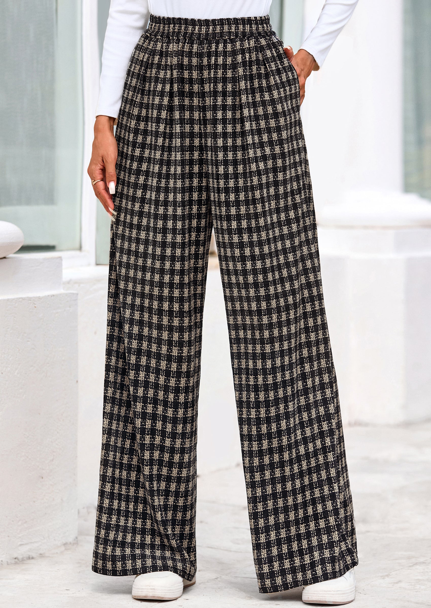 PRETTYGARDEN Casual Women's Pants Elastic Waist Palazzo Long Stretchy Wide Leg Trousers Knit Fall Outfits with Pockets