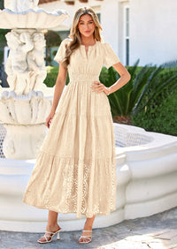PRETTYGARDEN Womens Boho Maxi Dress Floral Summer Spring Short Sleeve V Neck A Line Embroidered Beach Vacation Dresses