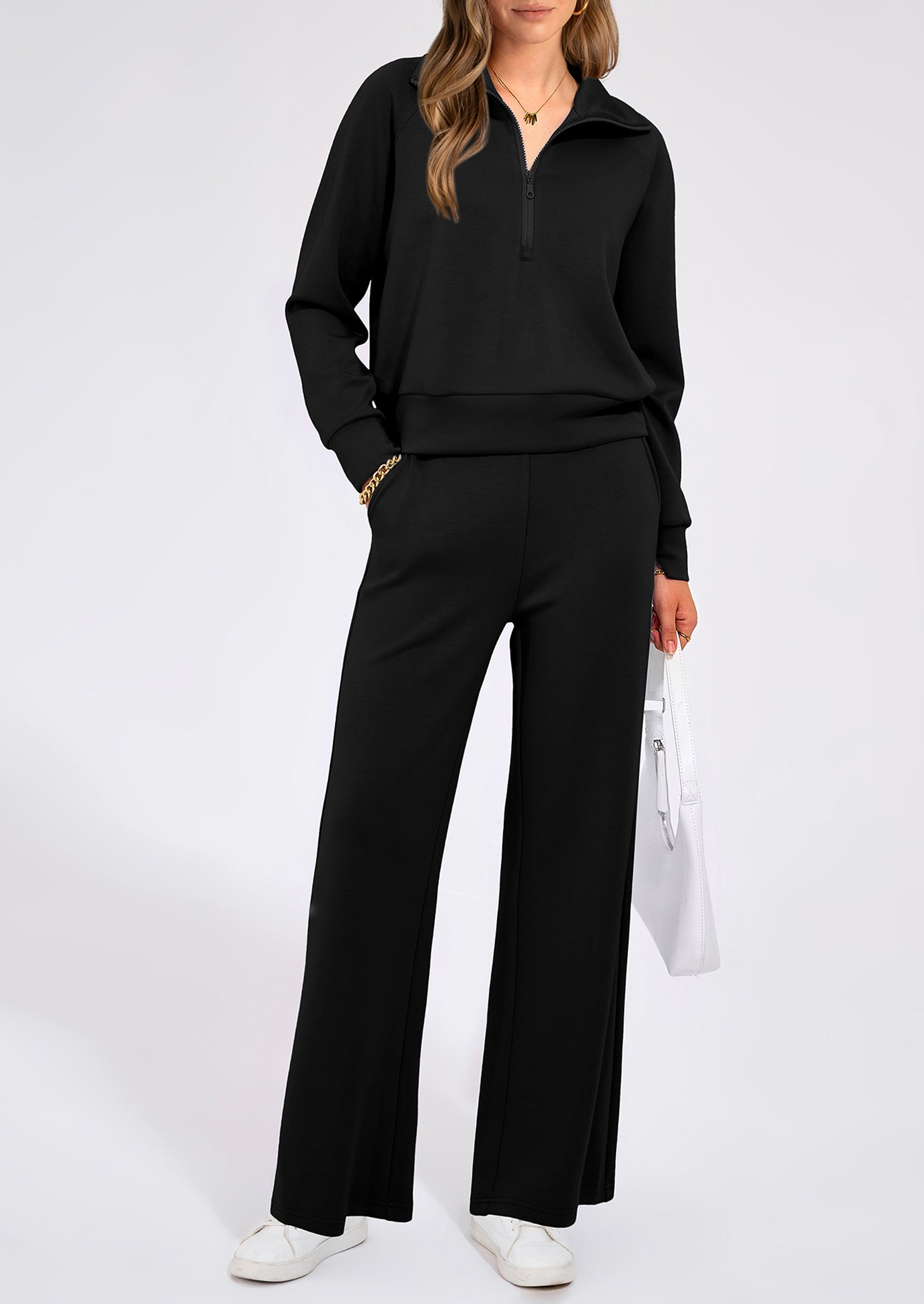 PRETTYGARDEN Women's 2 Piece Outfits Casual Lapel Half Zip Sweatshirts And Wide Leg Pants Tracksuit Sets