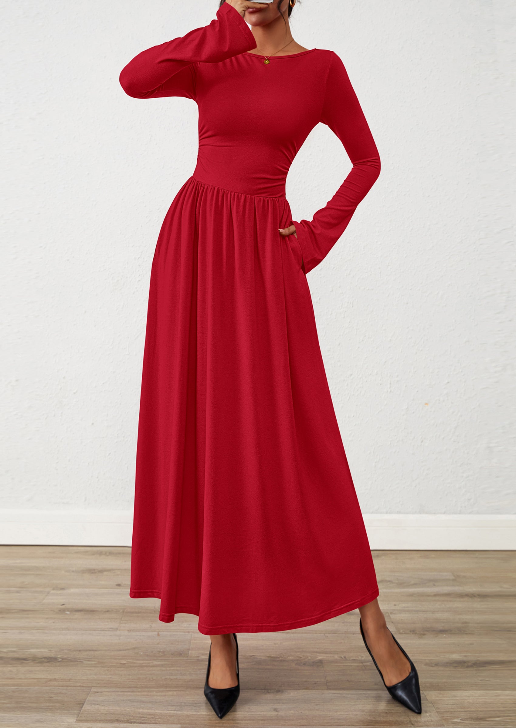 BTFBM Long Sleeve Maxi Dresses for Women Fall Casual Ruched Boat Neck Flowy Elegant Formal Wedding Guest Dress