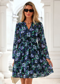 PRETTYGARDEN Women's Fall Boho Dresses Floral Long Sleeve V Neck Mini Flowy Wedding Guest Dress Trendy Vacation Outfits