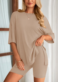 PRETTYGARDEN Women's Two Piece Lounge Set Summer Casual Oversized Shirts Biker Shorts Matching Airport Travel Outfit